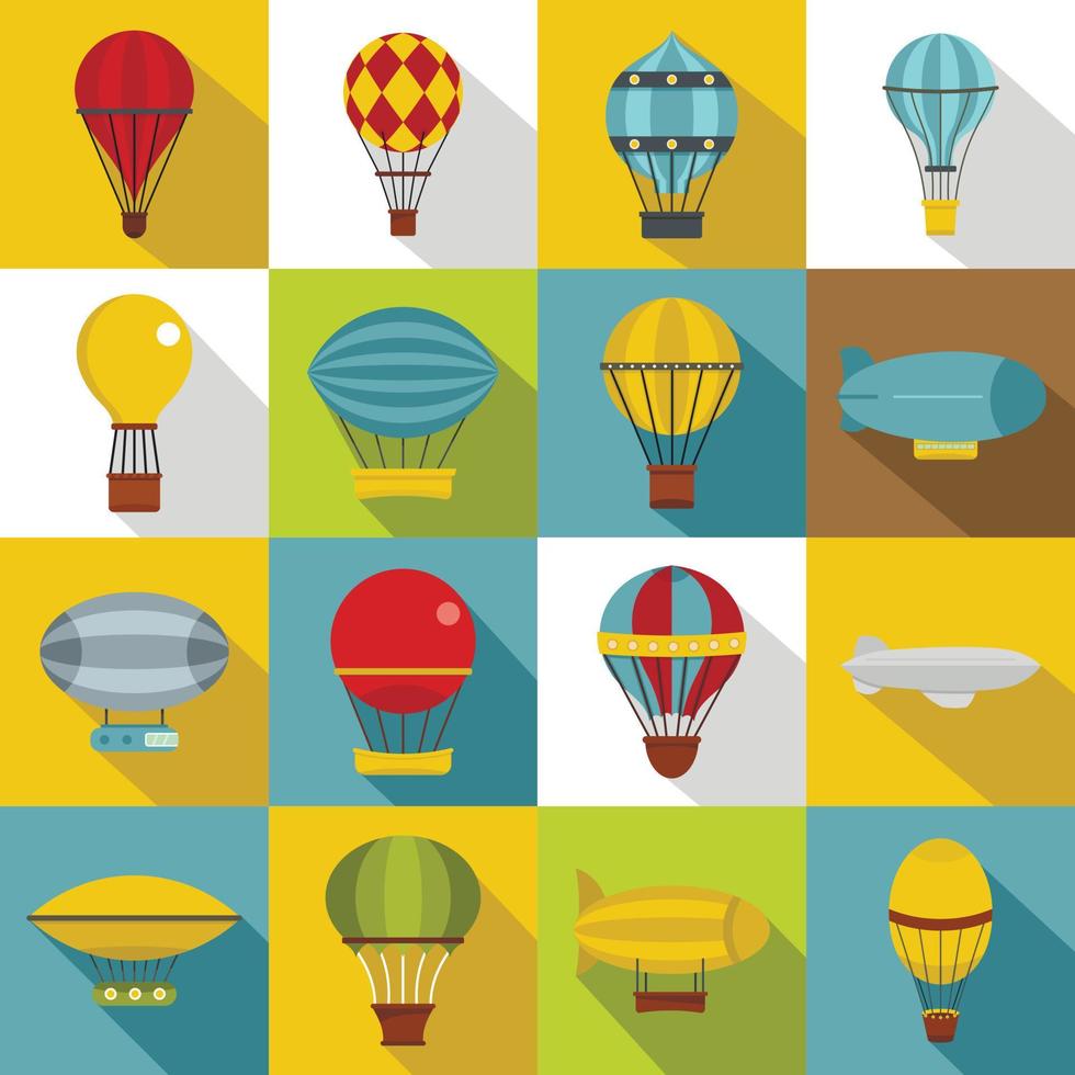 Retro balloons aircraft icons set, flat style vector