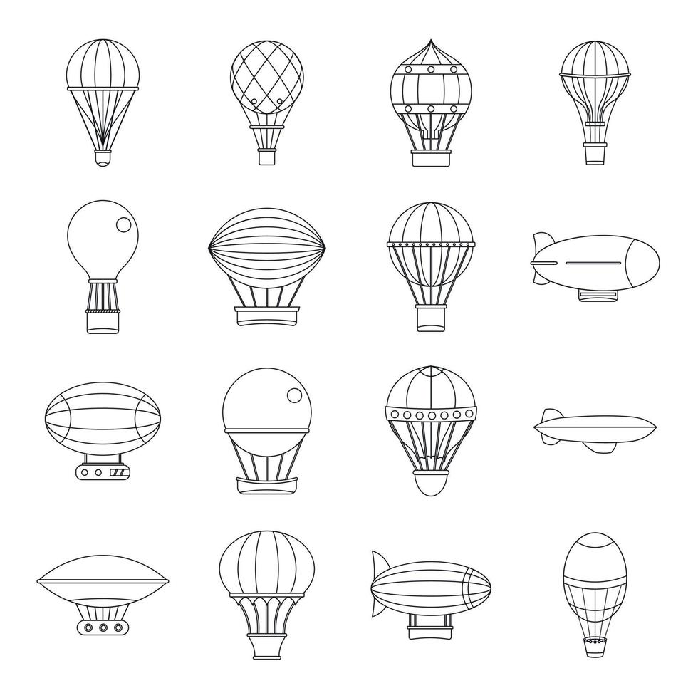 Retro balloons aircraft icons set, outline style vector