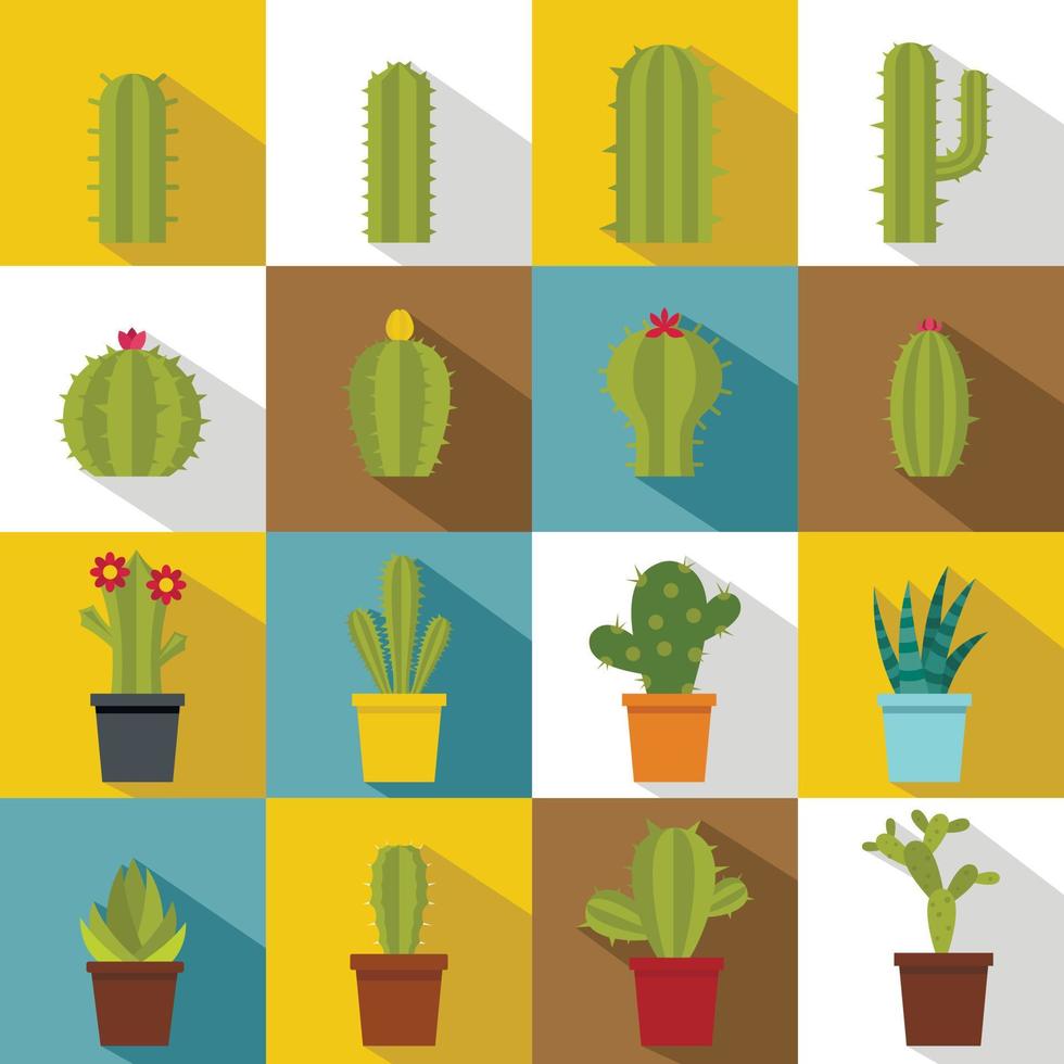 Different cactuses icons set, flat style vector