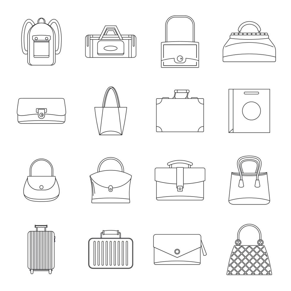 Bag baggage suitcase icons set, outline style vector