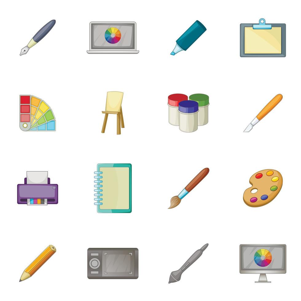 Drawing and painting tool icons set, cartoon style vector