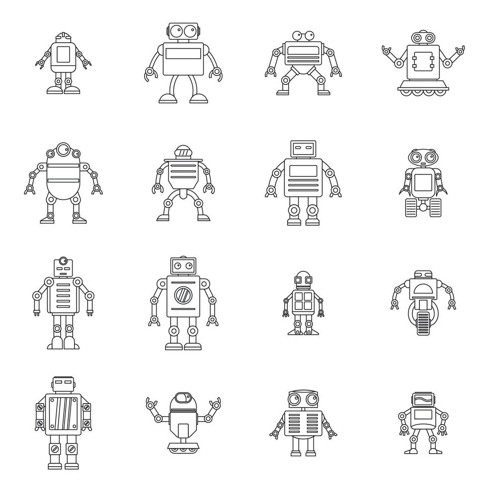 Robot icons set, outline style vector