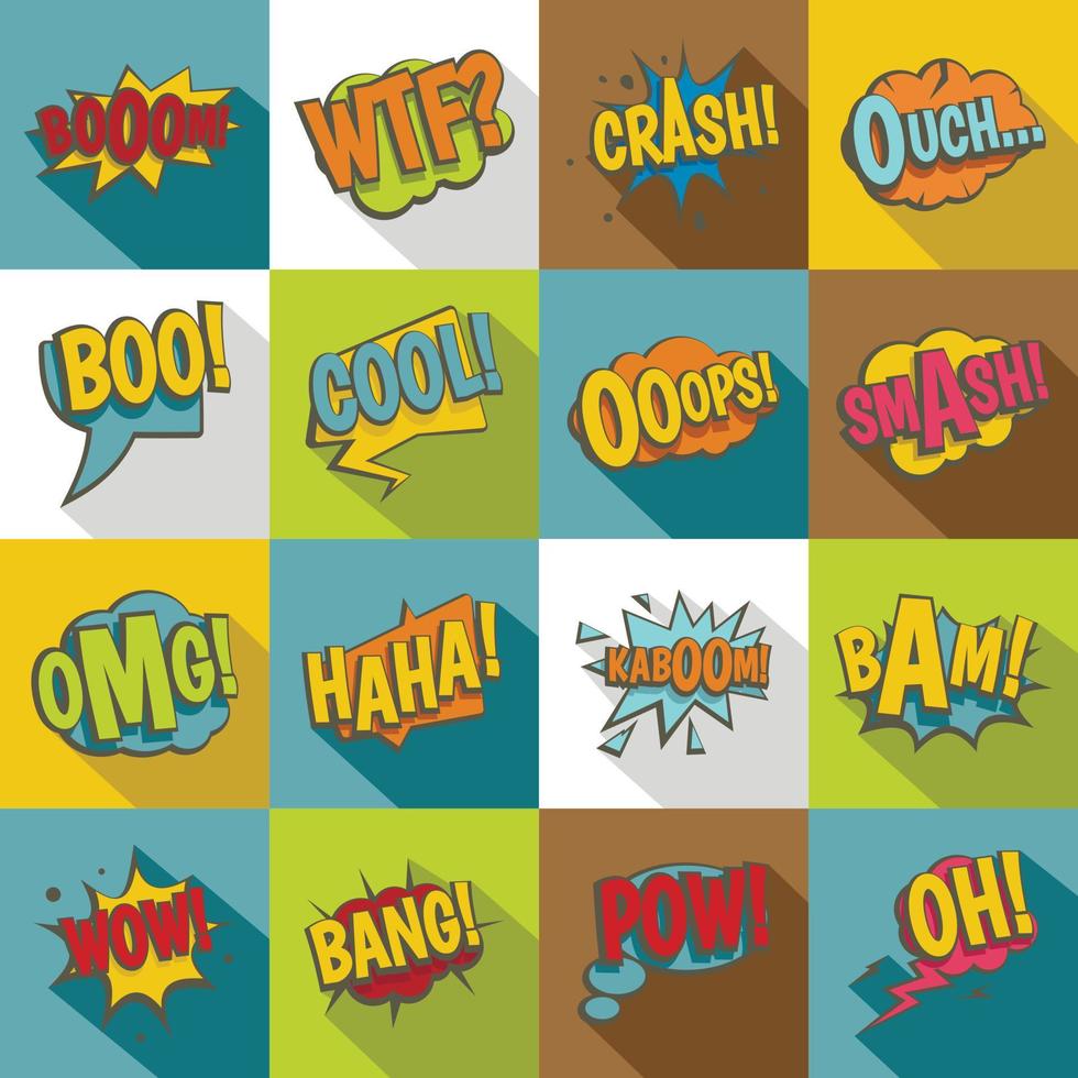 Comic colored sound icons set, flat style vector