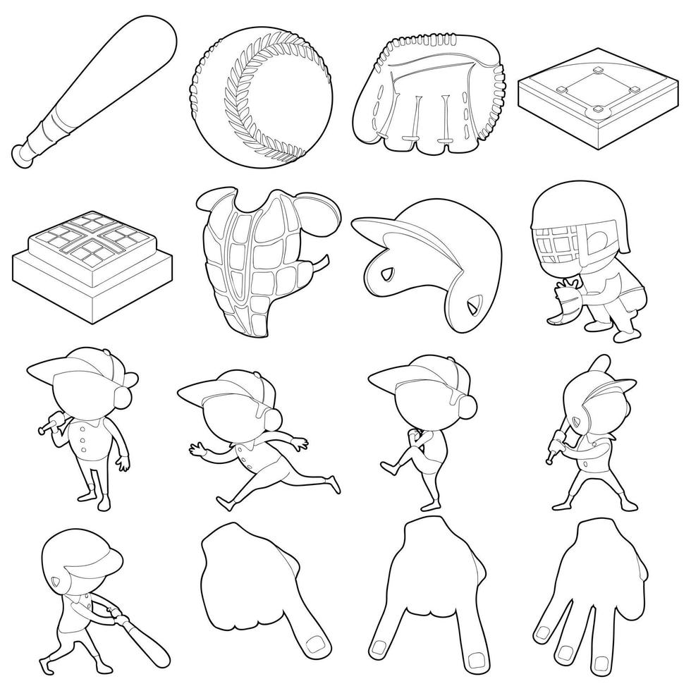 conjunto de iconos de artículos de béisbol, estilo de esquema vector