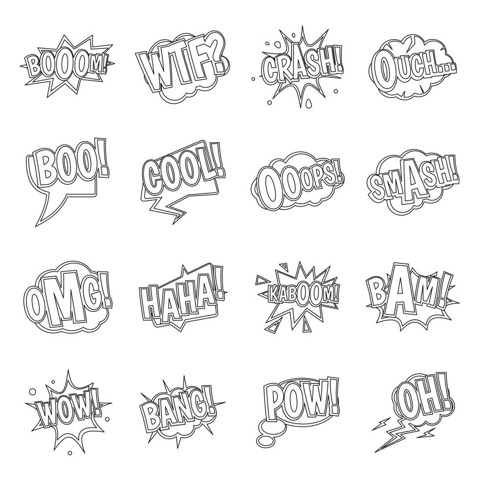 Comic colored sound icons set, outline style vector