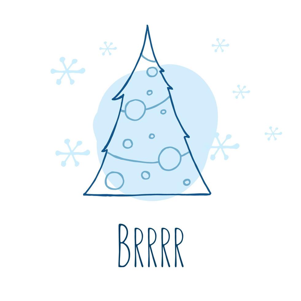 A hand-drawn christmas tree. Vector illustration in doodle style. Winter mood. Hello 2023. Merry Christmas and Happy New Year. Blue element with a snowflakes on a white background.