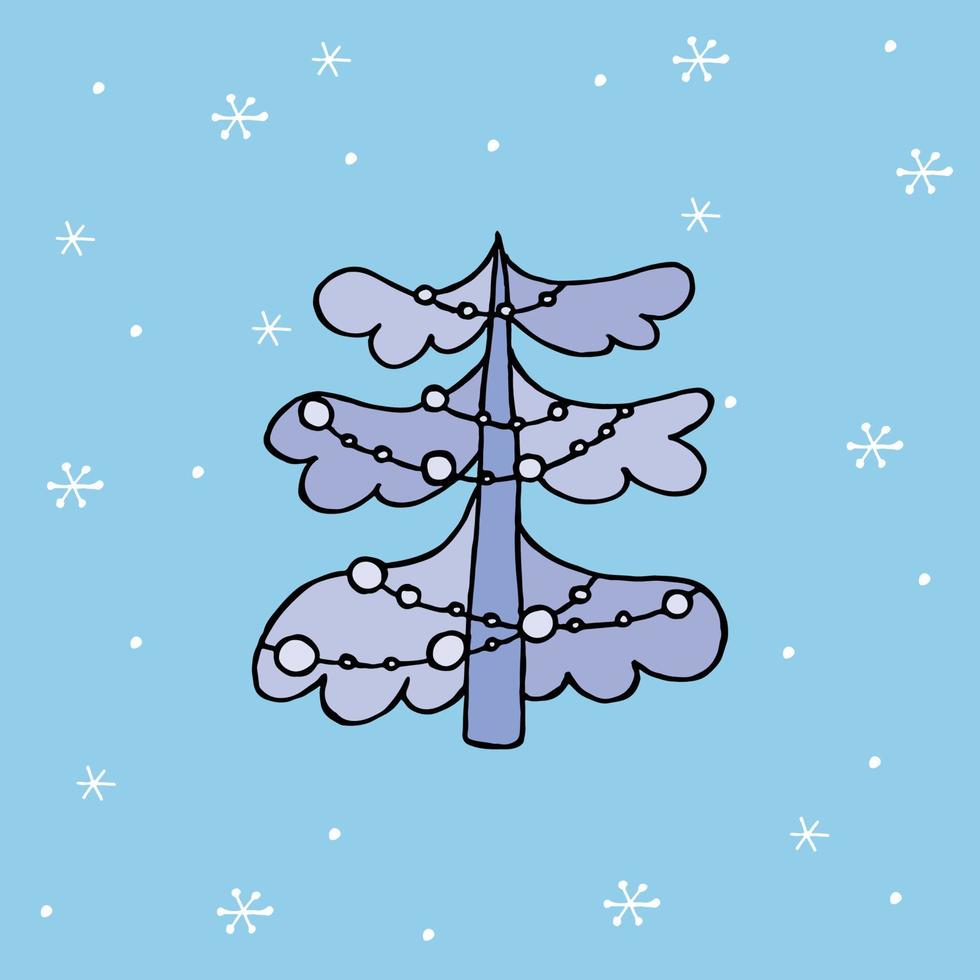 A hand-drawn christmas tree. Colored vector illustration in doodle style. Winter mood. Hello 2023. Merry Christmas and Happy New Year. Blue tree with toys on a background with a snowflakes.