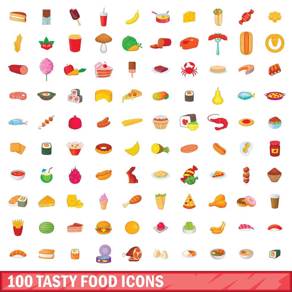 100 tasty food icons set, cartoon style vector
