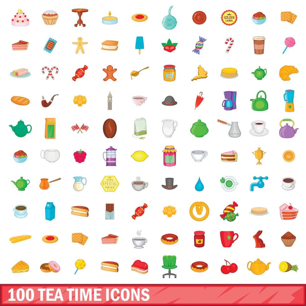 100 tea time icons set, cartoon style vector