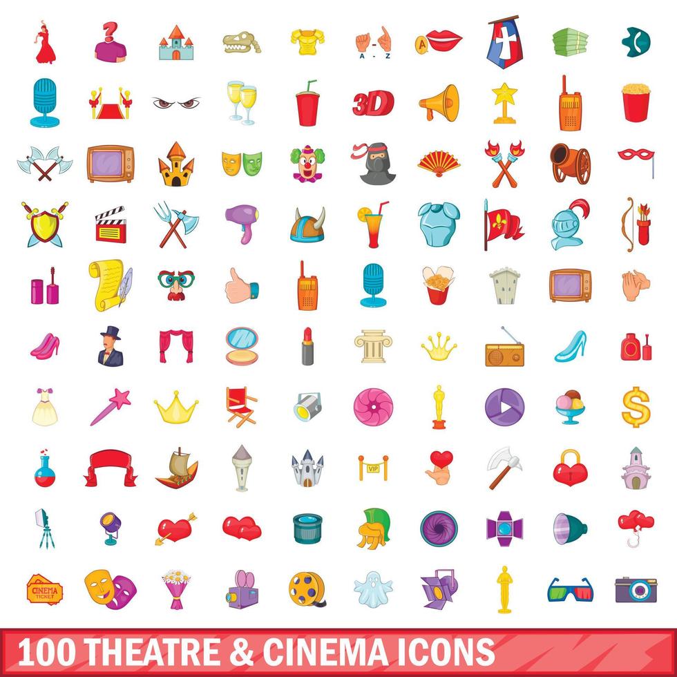 100 iconos de teatro y cine, estilo de dibujos animados vector