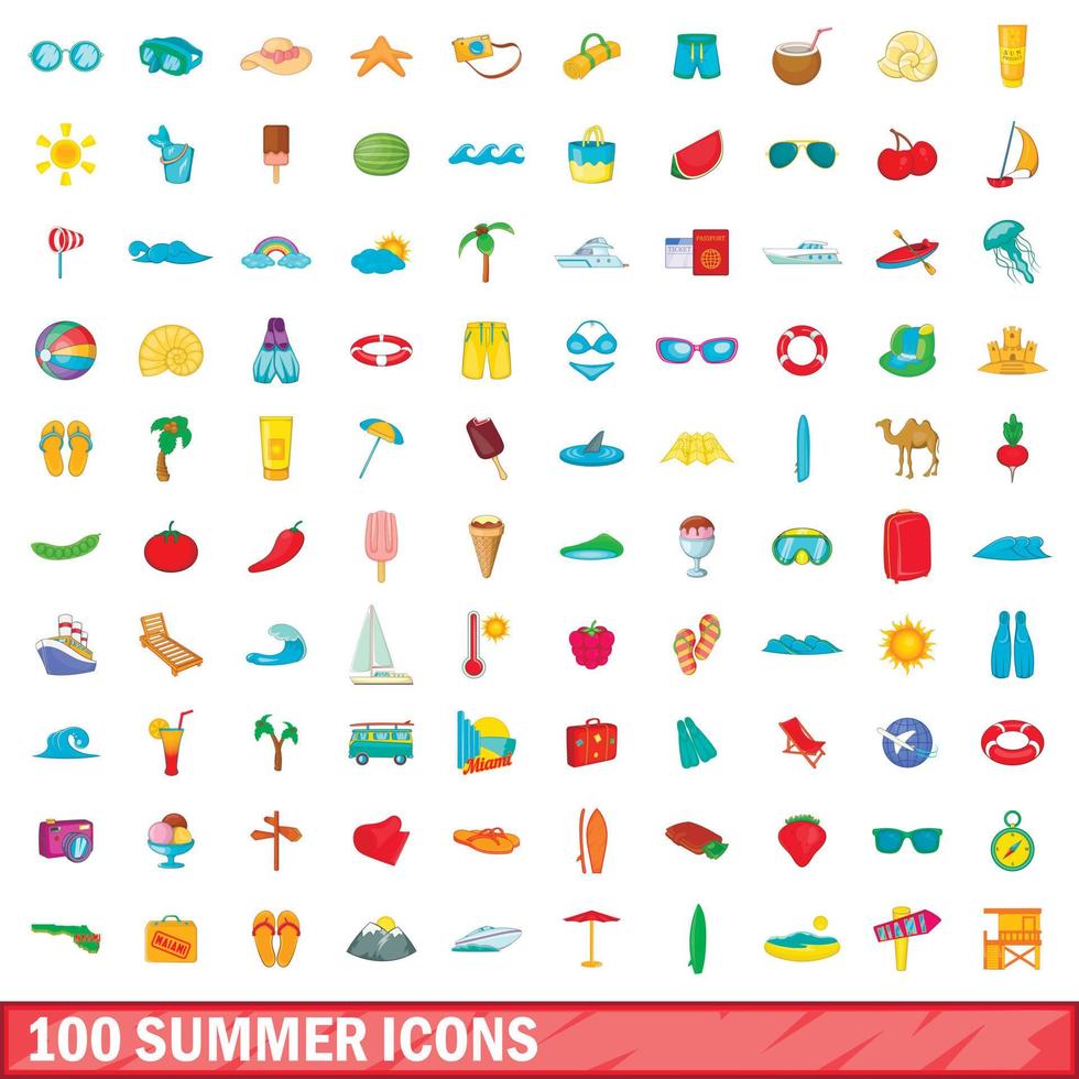 100 summer icons set, cartoon style vector