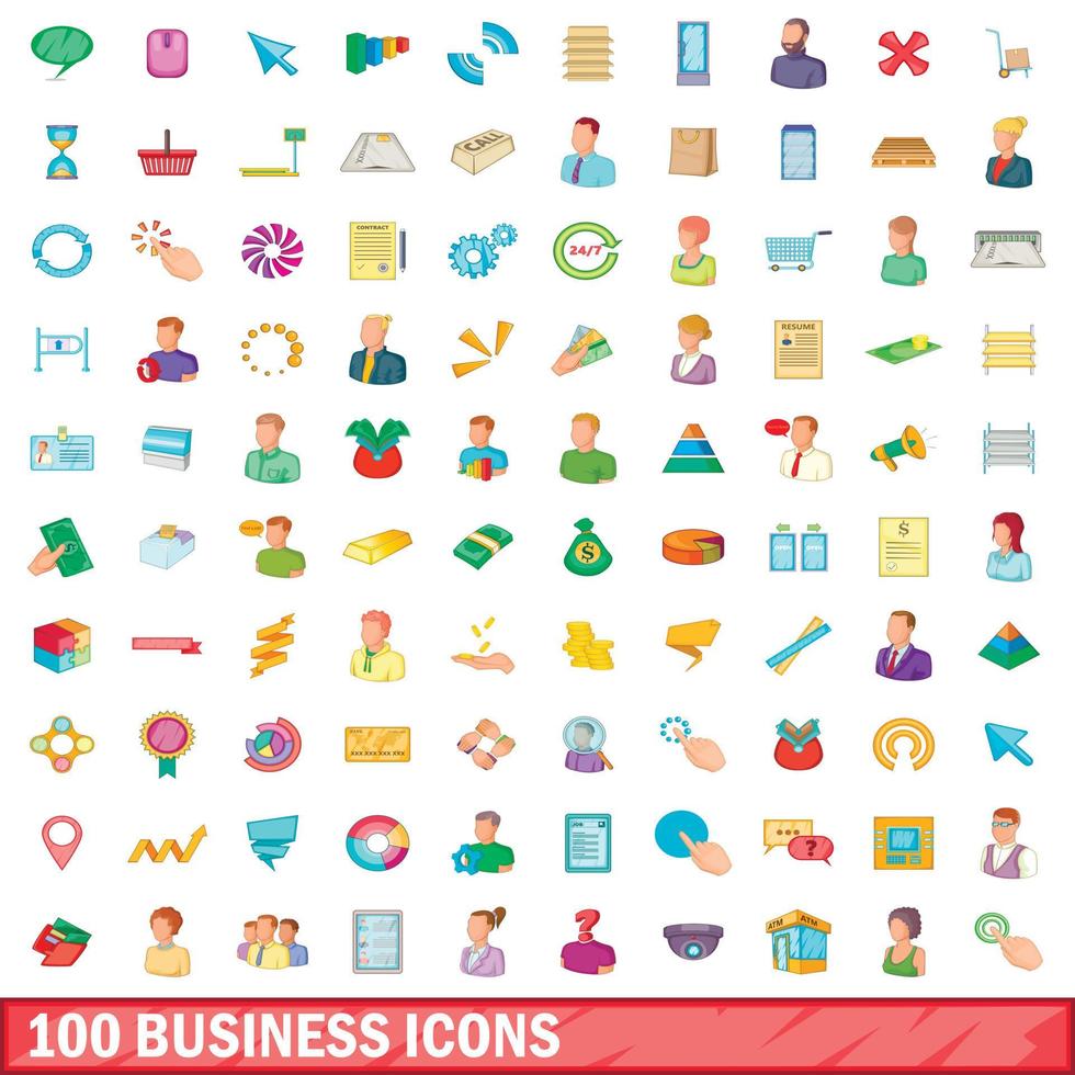 100 business icons set, cartoon style vector