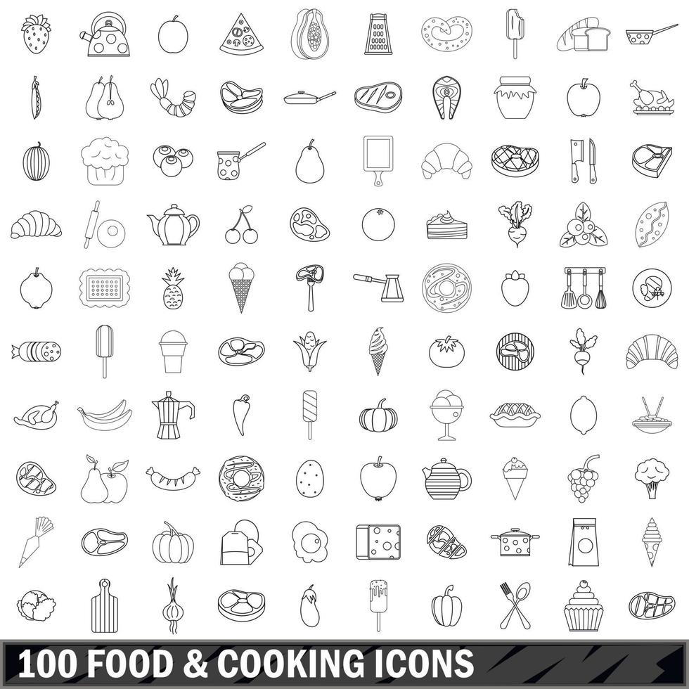 100 iconos de comida y cocina, estilo de esquema vector