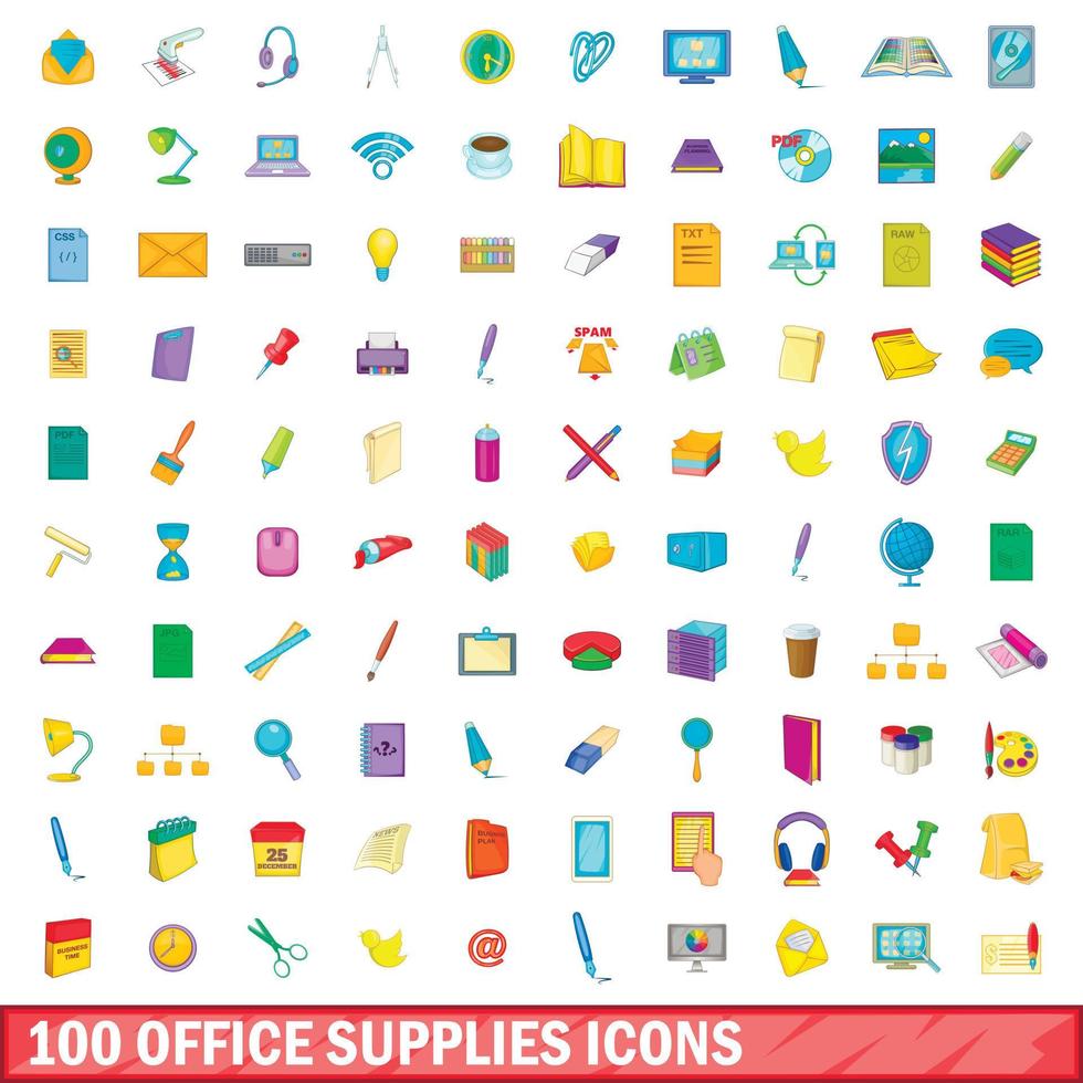 100 suministros de oficina, conjunto de iconos de estilo de dibujos animados vector