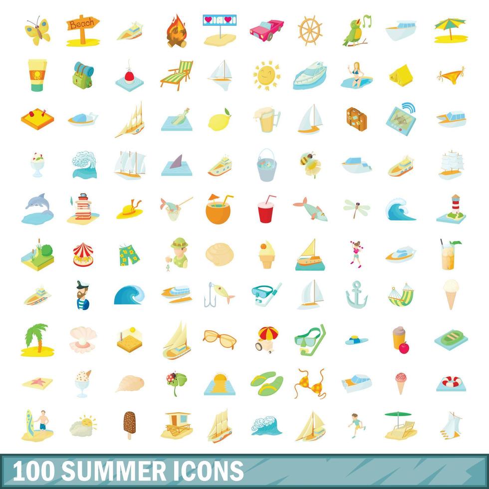 100 summer icons set, cartoon style vector