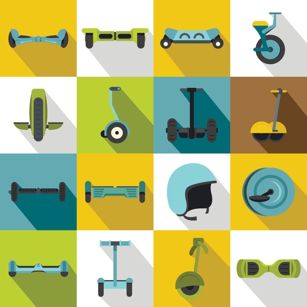 Balancing scooter icons set, flat style vector