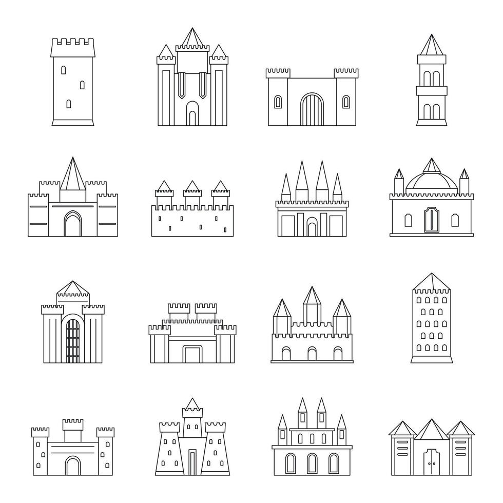 conjunto de iconos de torres y castillos, estilo de esquema vector