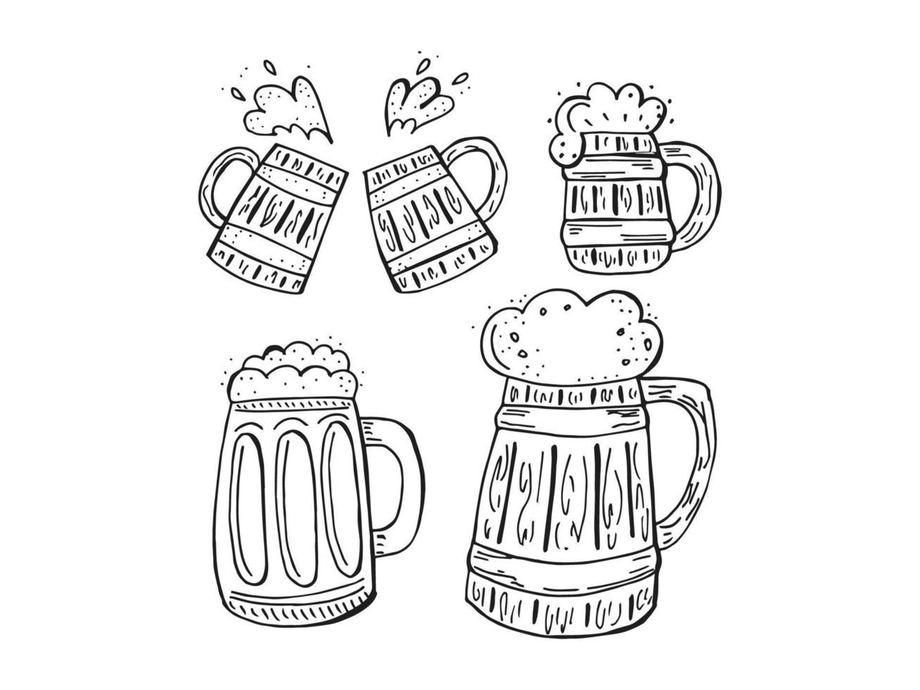 Oktoberfest 2022 - Beer Festival. Hand-drawn set of Doodle Elements. German Traditional holiday. Outline of a wooden beer mug on a white background. vector