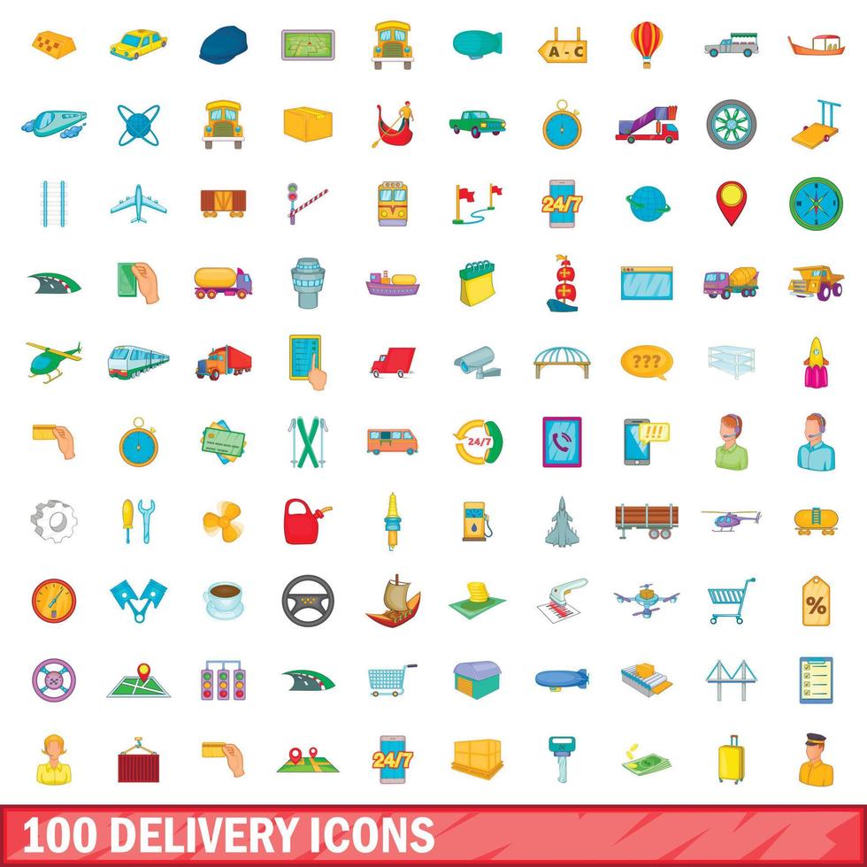 100 delivery icons set, cartoon style vector