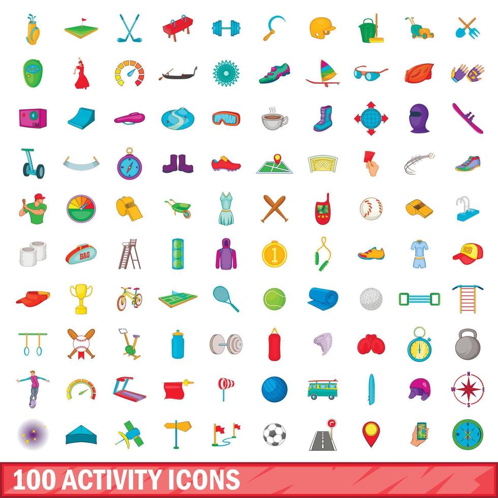100 activity icons set, cartoon style vector