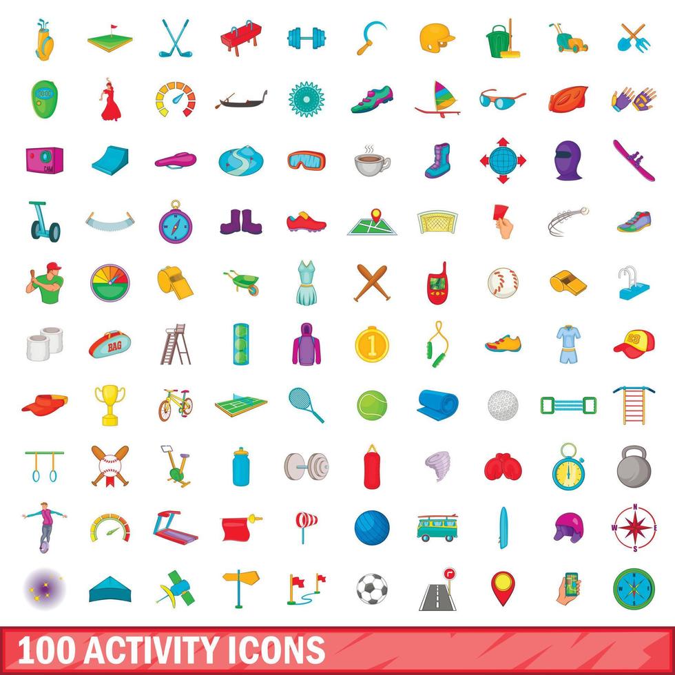 100 iconos de actividad, estilo de dibujos animados vector