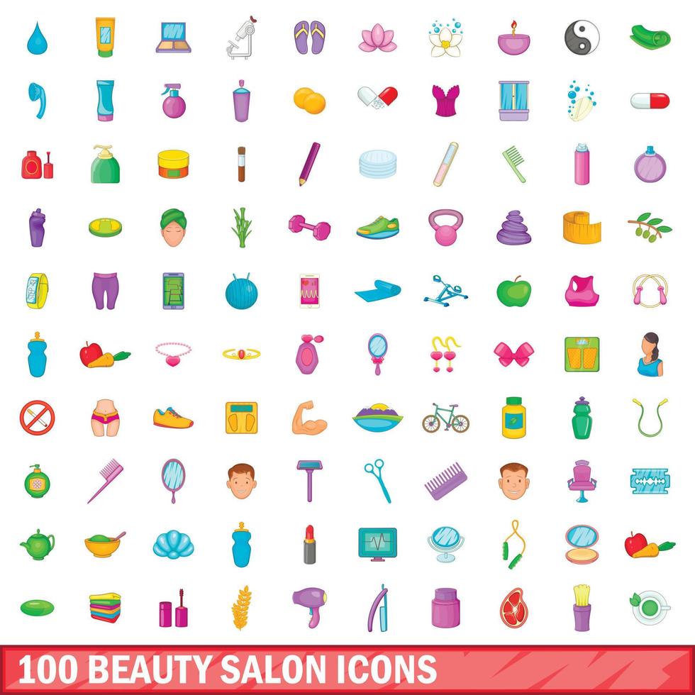 100 iconos de salón de belleza, estilo de dibujos animados vector