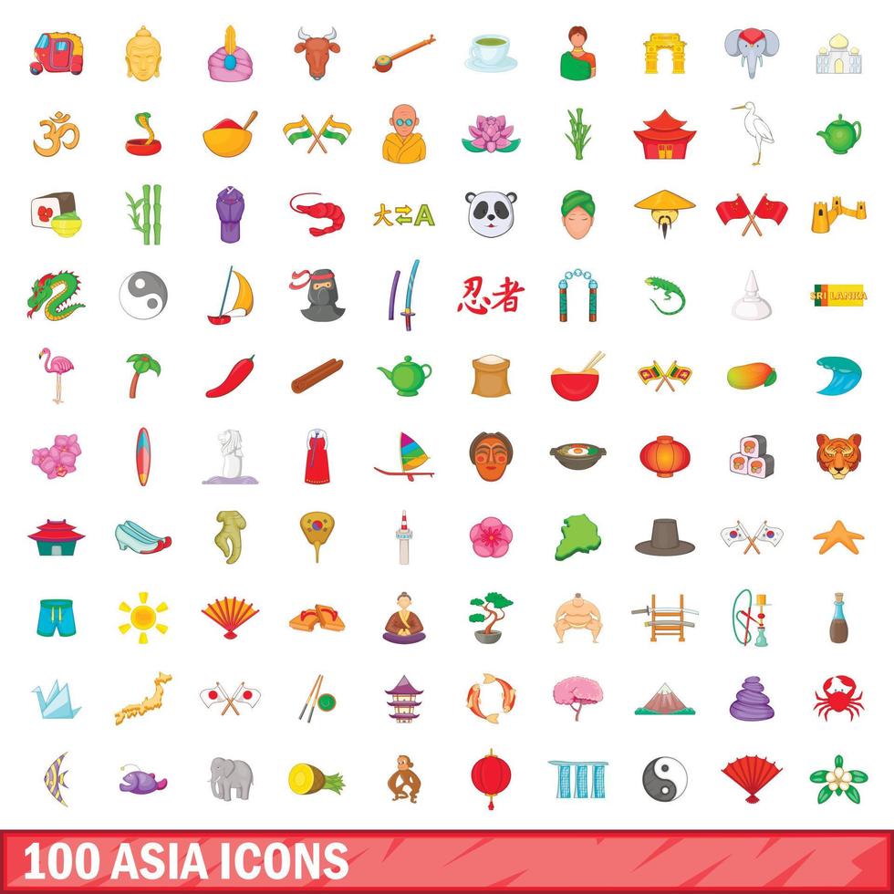 100 iconos asiáticos, estilo de dibujos animados vector