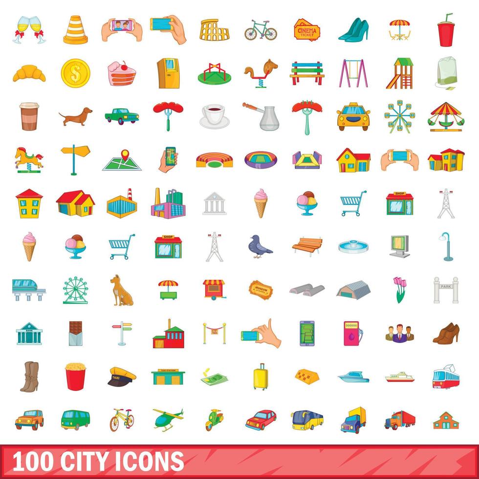 100 ciudad, conjunto de iconos de estilo de dibujos animados vector