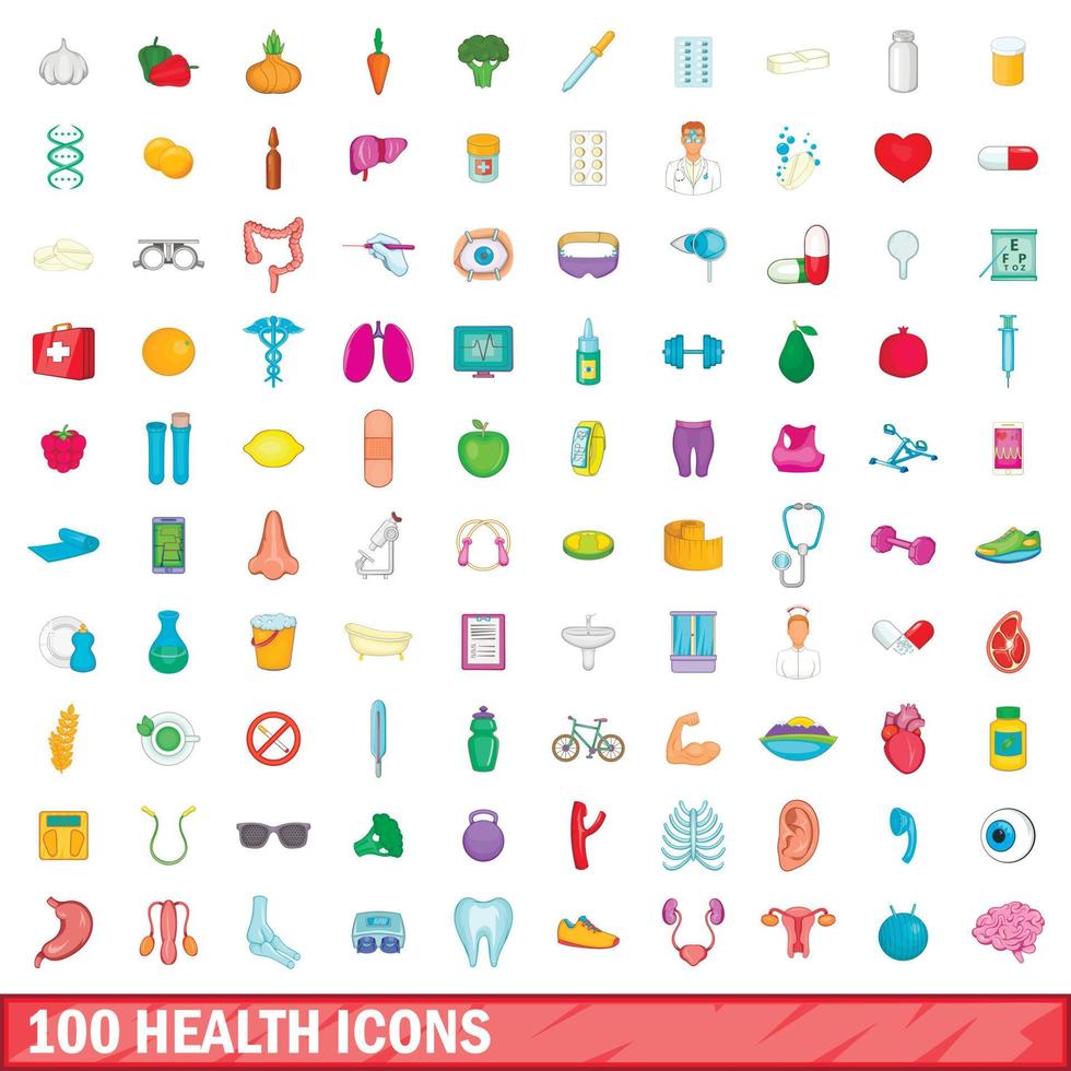 100 iconos de salud, estilo de dibujos animados vector