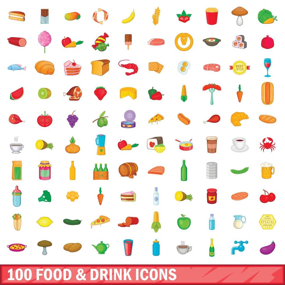 100 food and drink icons set, cartoon style vector
