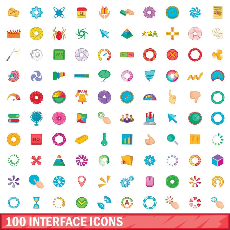 100 interface icons set, cartoon style vector