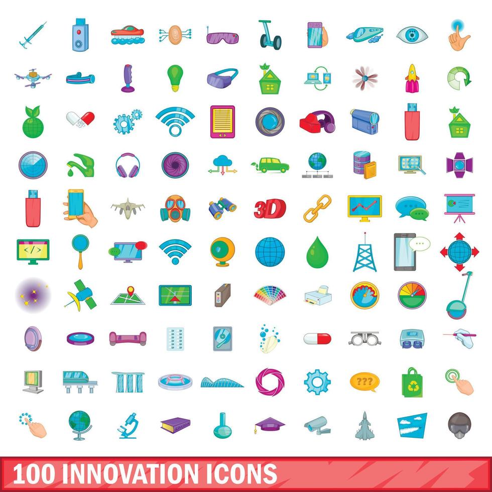 100 icons set, cartoon style vector