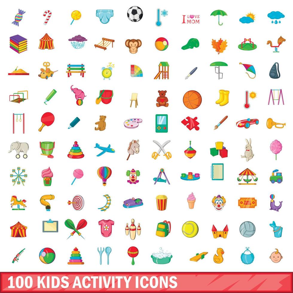 100 iconos de actividades para niños, estilo de dibujos animados vector