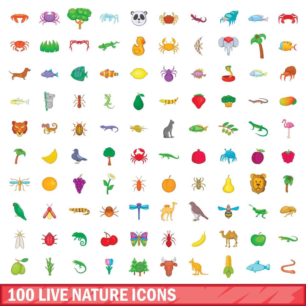 100 live nature icons set, cartoon style vector