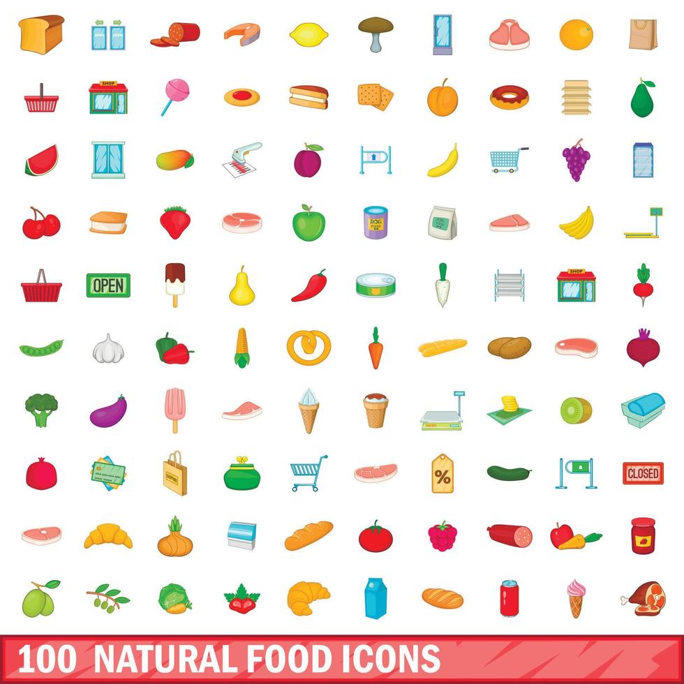 100 natural food icons set, cartoon style vector