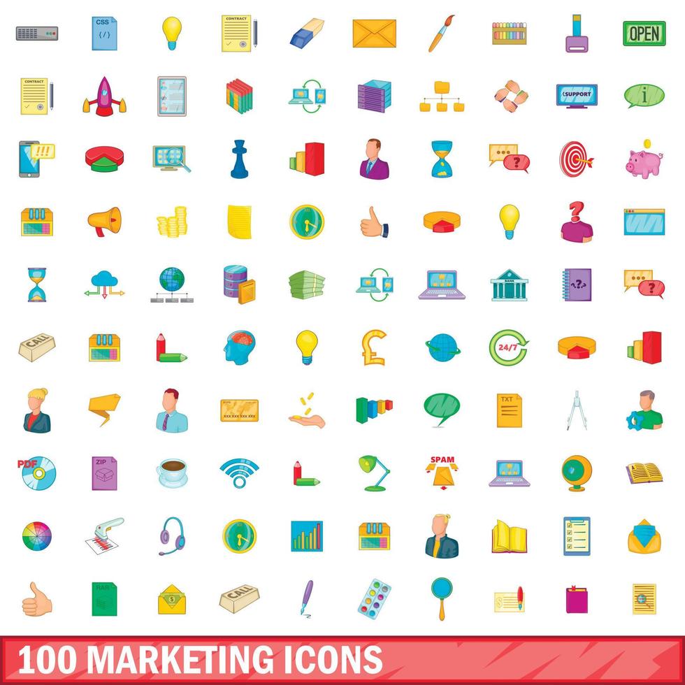 100 iconos de marketing, estilo de dibujos animados vector