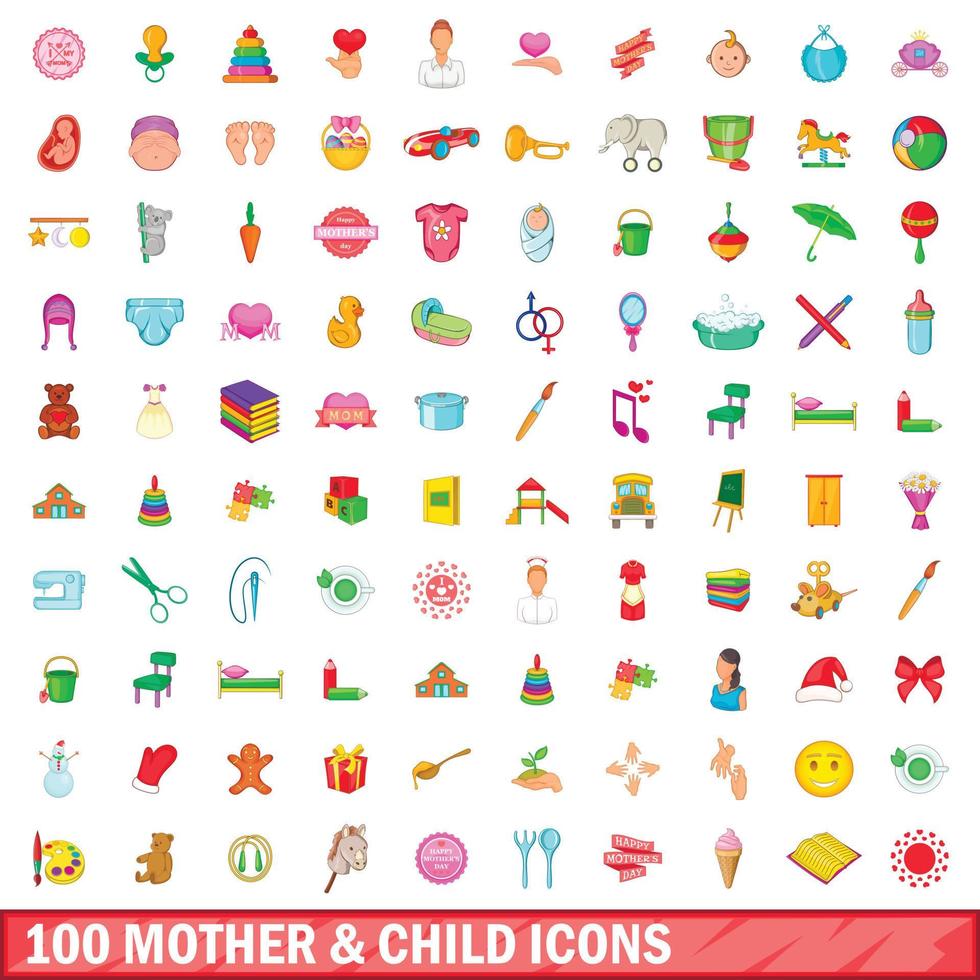 100 mother and child icons set, cartoon style vector