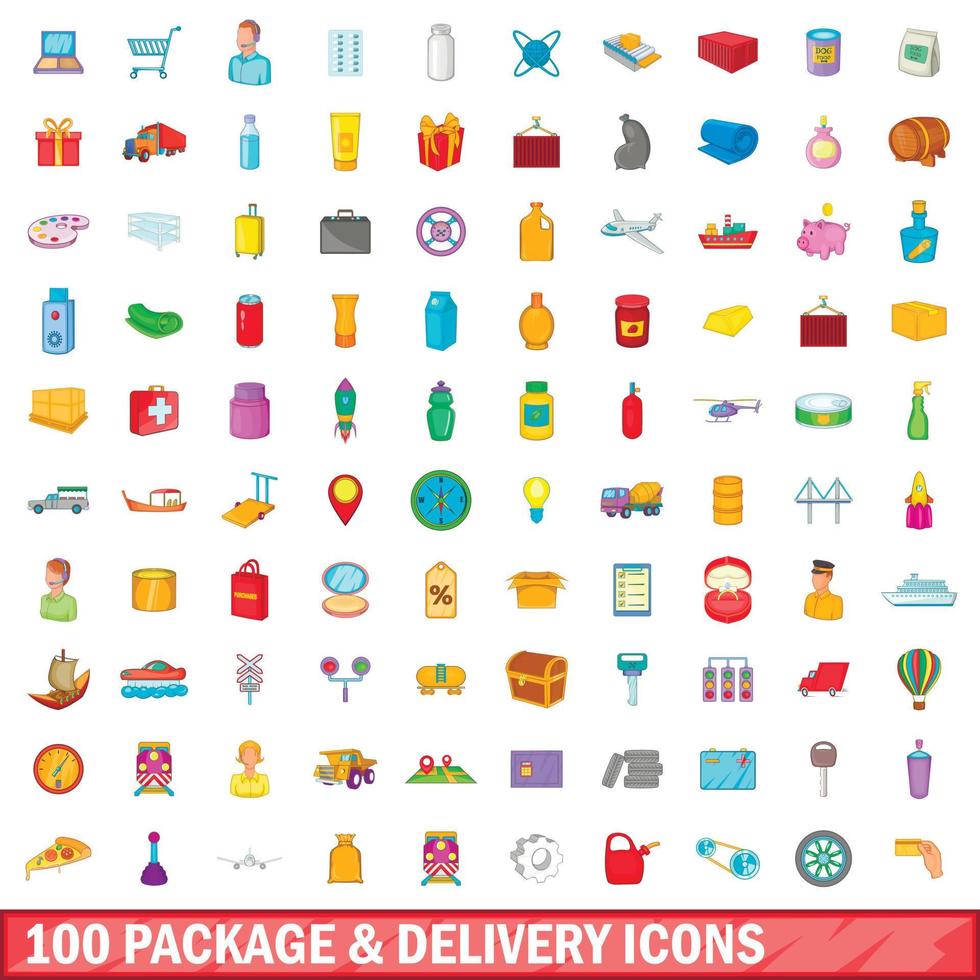 100 package and delivery icons set, cartoon style vector