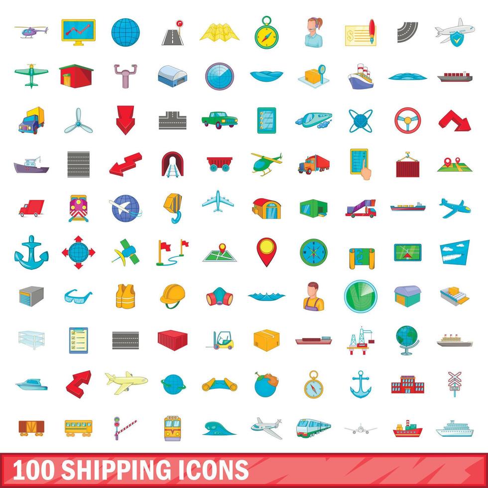 100 shipping icons set, cartoon style vector