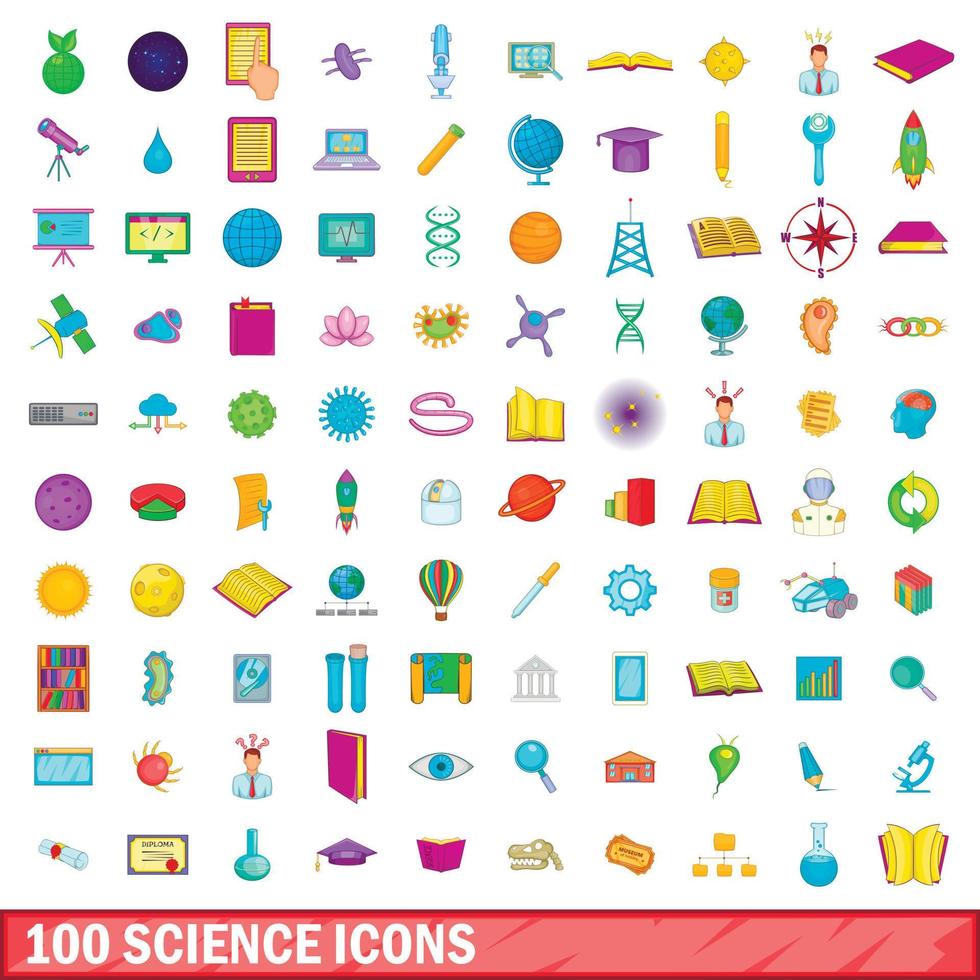 100 ciencia, conjunto de iconos de estilo de dibujos animados vector