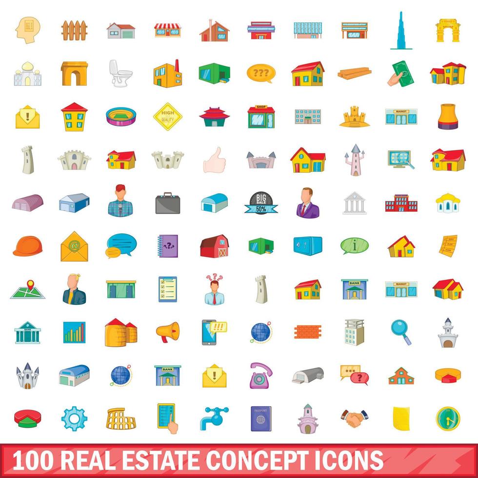 100 real estate concept icons set, cartoon style vector