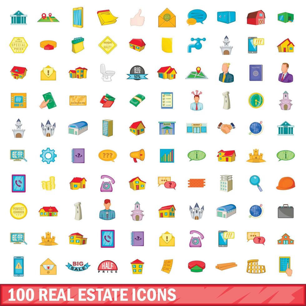 100 iconos de bienes raíces, estilo de dibujos animados vector