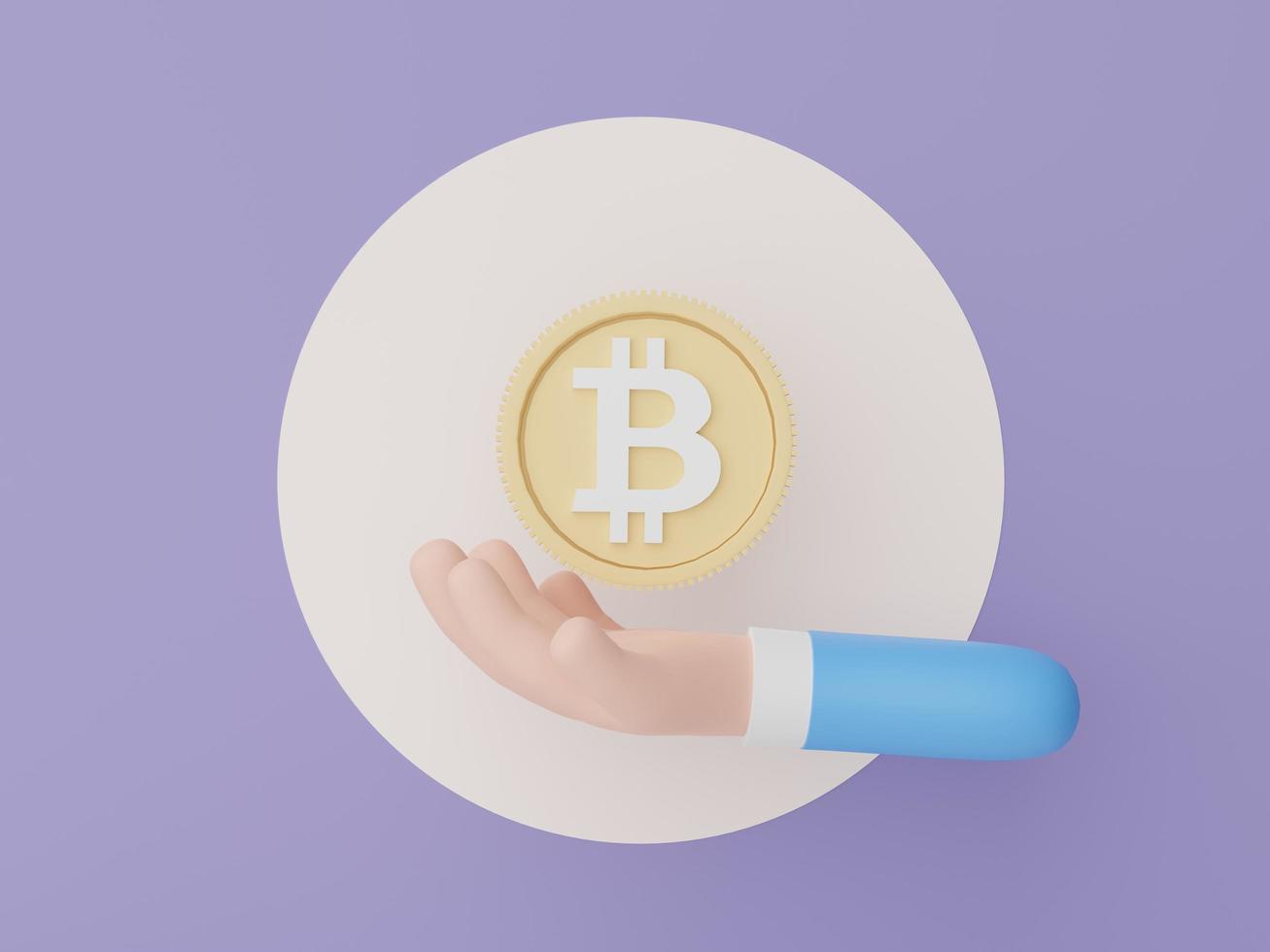 3D Render mano sujetando criptomoneda bitcoin. concepto de moneda digital de criptomoneda. nuevo intercambio de dinero virtual en blockchain. foto