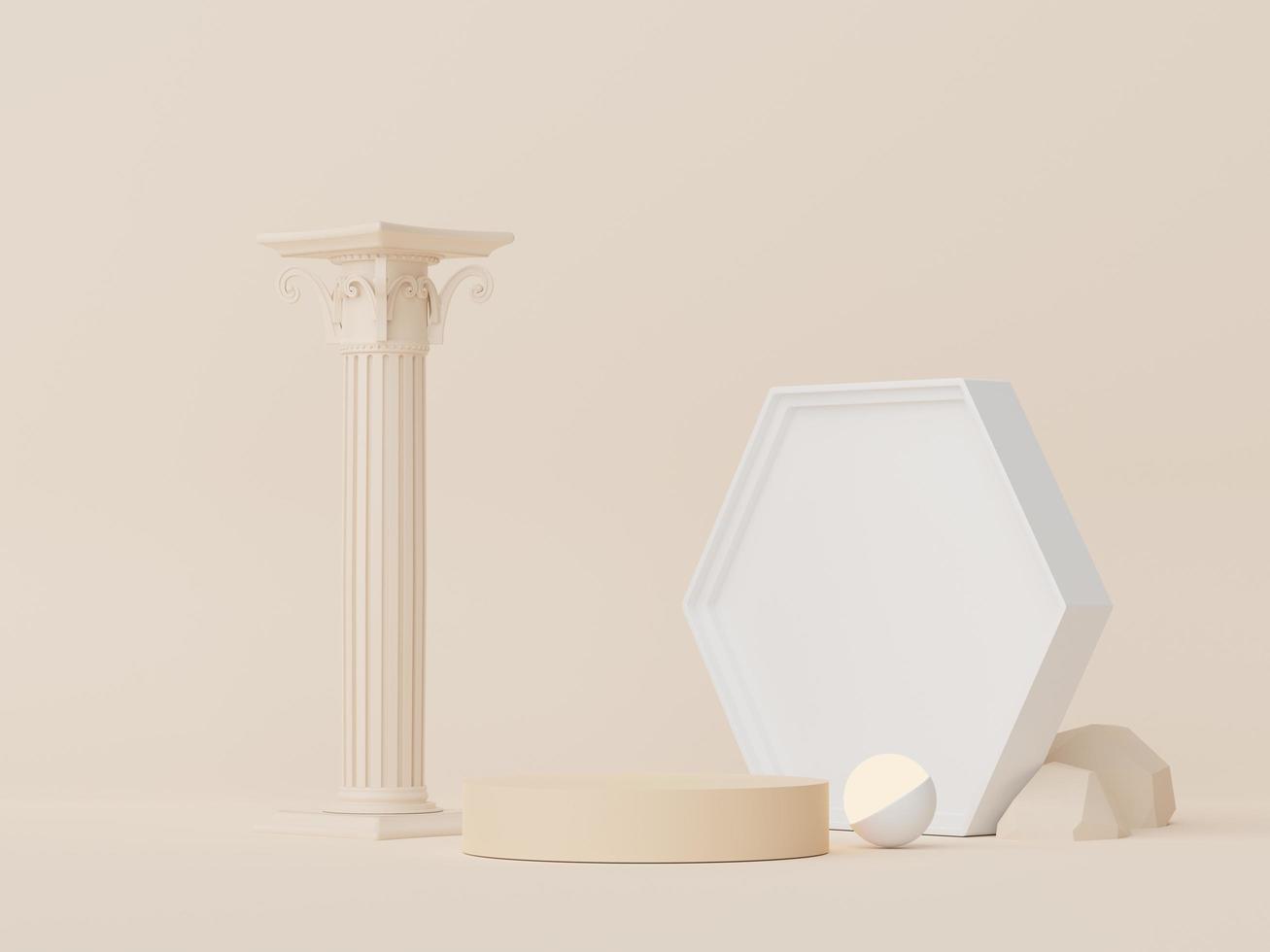 3d render of Abstract minimal  display podium with Greek Ancient baroque pillar background. Pedestal design for mock up and product presentation. Clean pastel color scene. photo