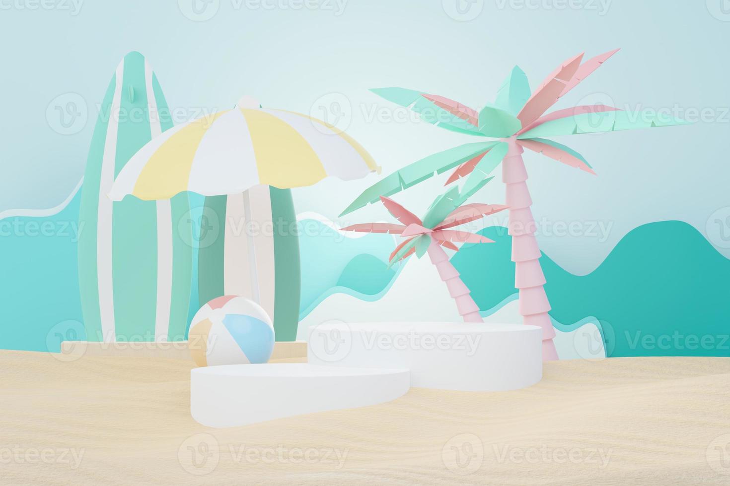 3d render soporte de podio de venta de verano para mostrar el producto. escena de vacaciones en la playa en verano para maquetas. foto