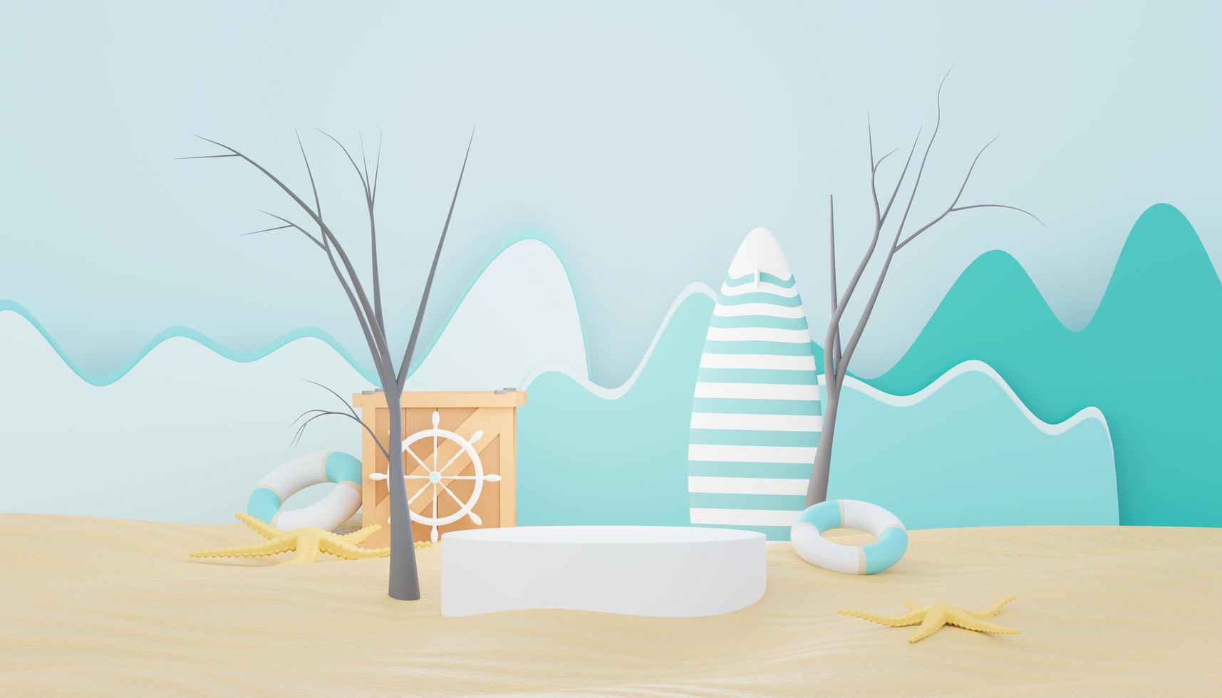 3d render Summer sale podium stand for showing product. Beach Vacations Scene in Summer for mock up. photo