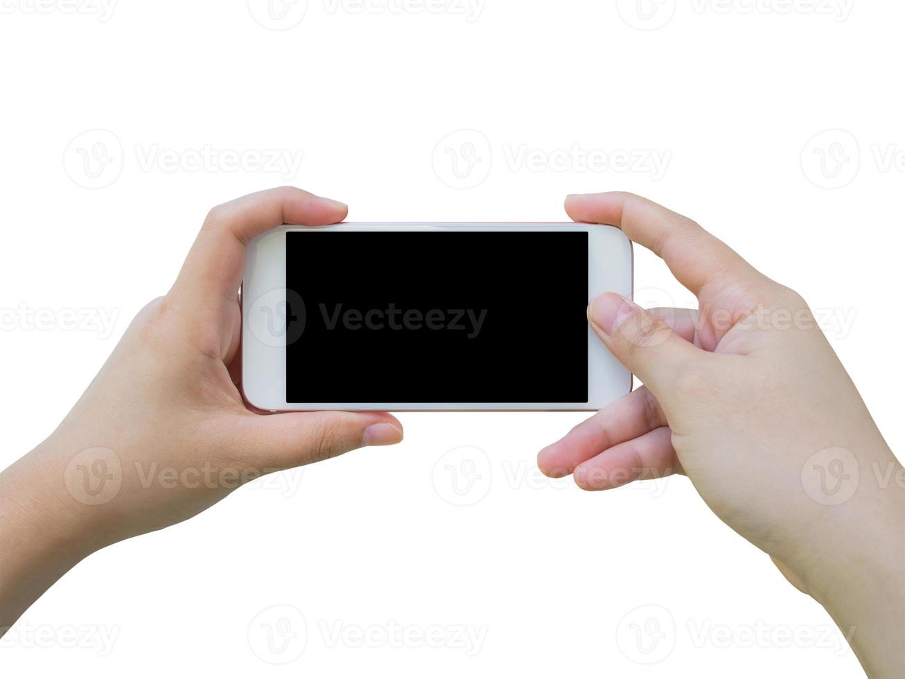 Hand holding smart phone taking photo isolated on white background