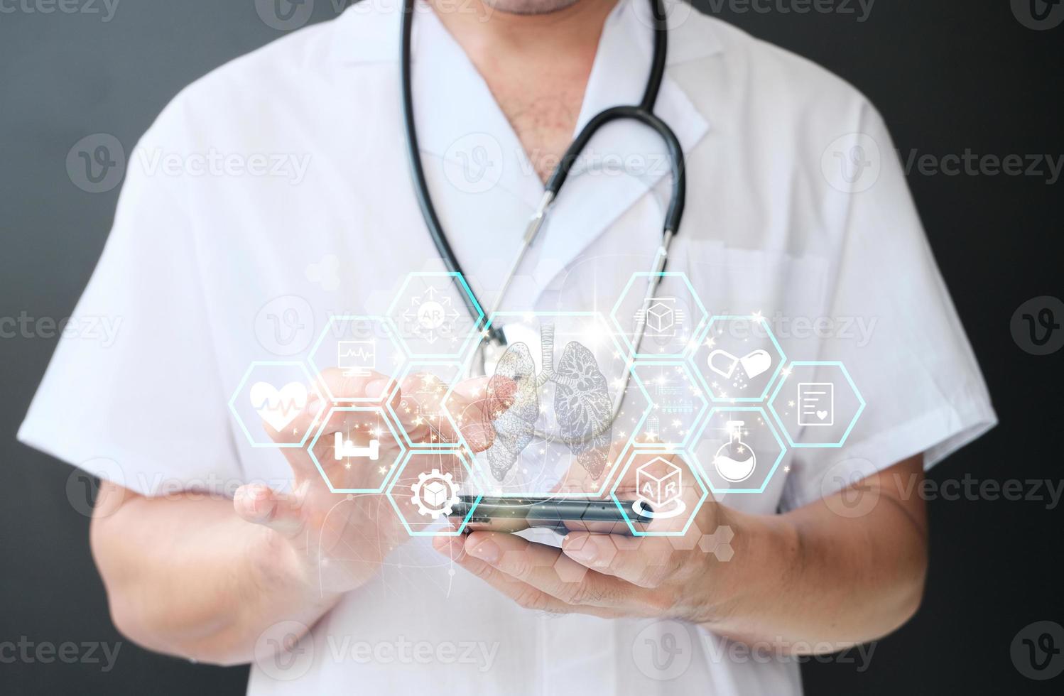 Doctor examines the Lungs hologram, checks the test results on the virtual interface, and analyzes the data. Pneumonia, donation, future medicine, Healthcare hospital service photo