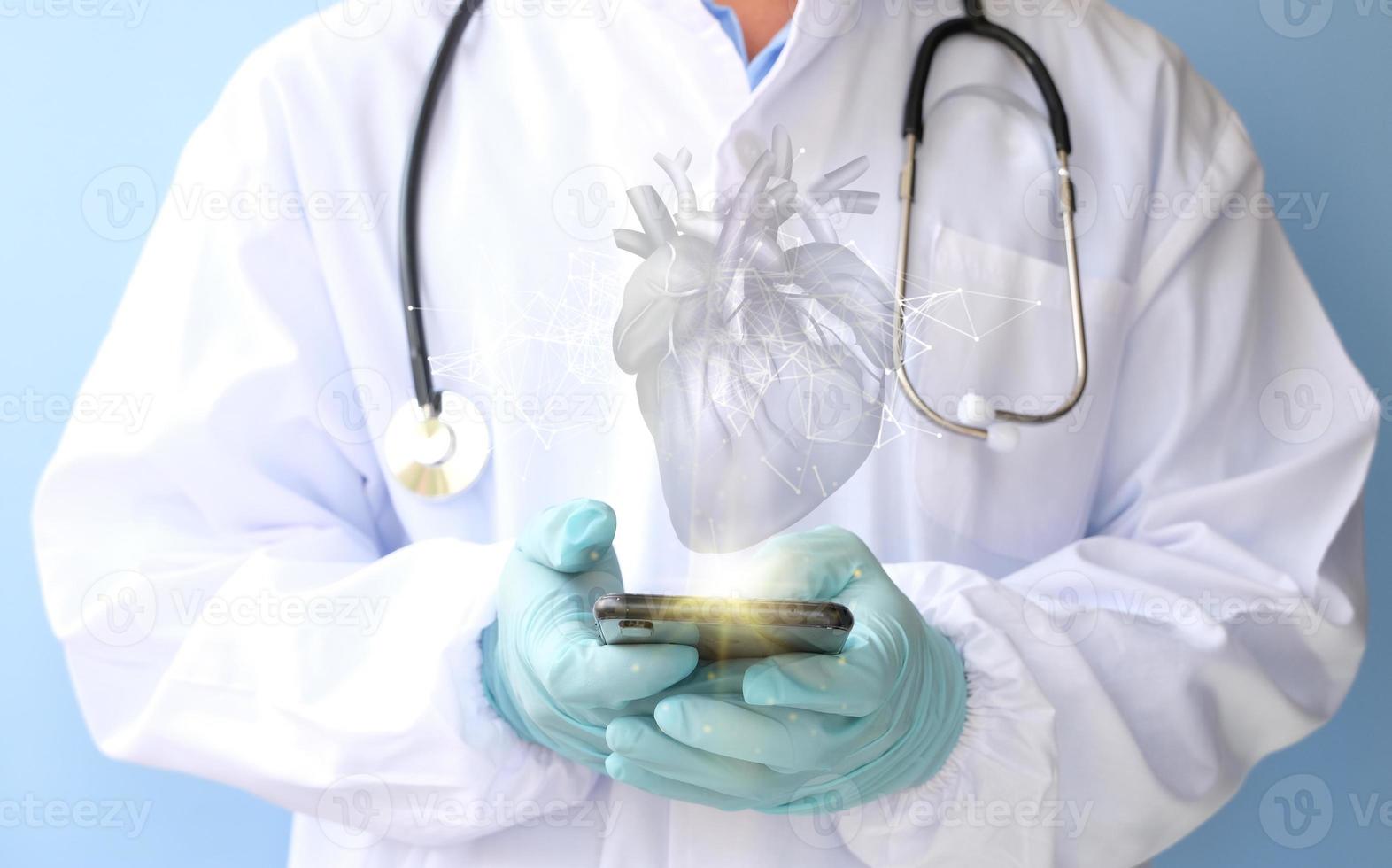Doctor cardiologist diagnoses and examines a patient's virtual heart using intelligence software of innovative medical technology. Healthcare services photo