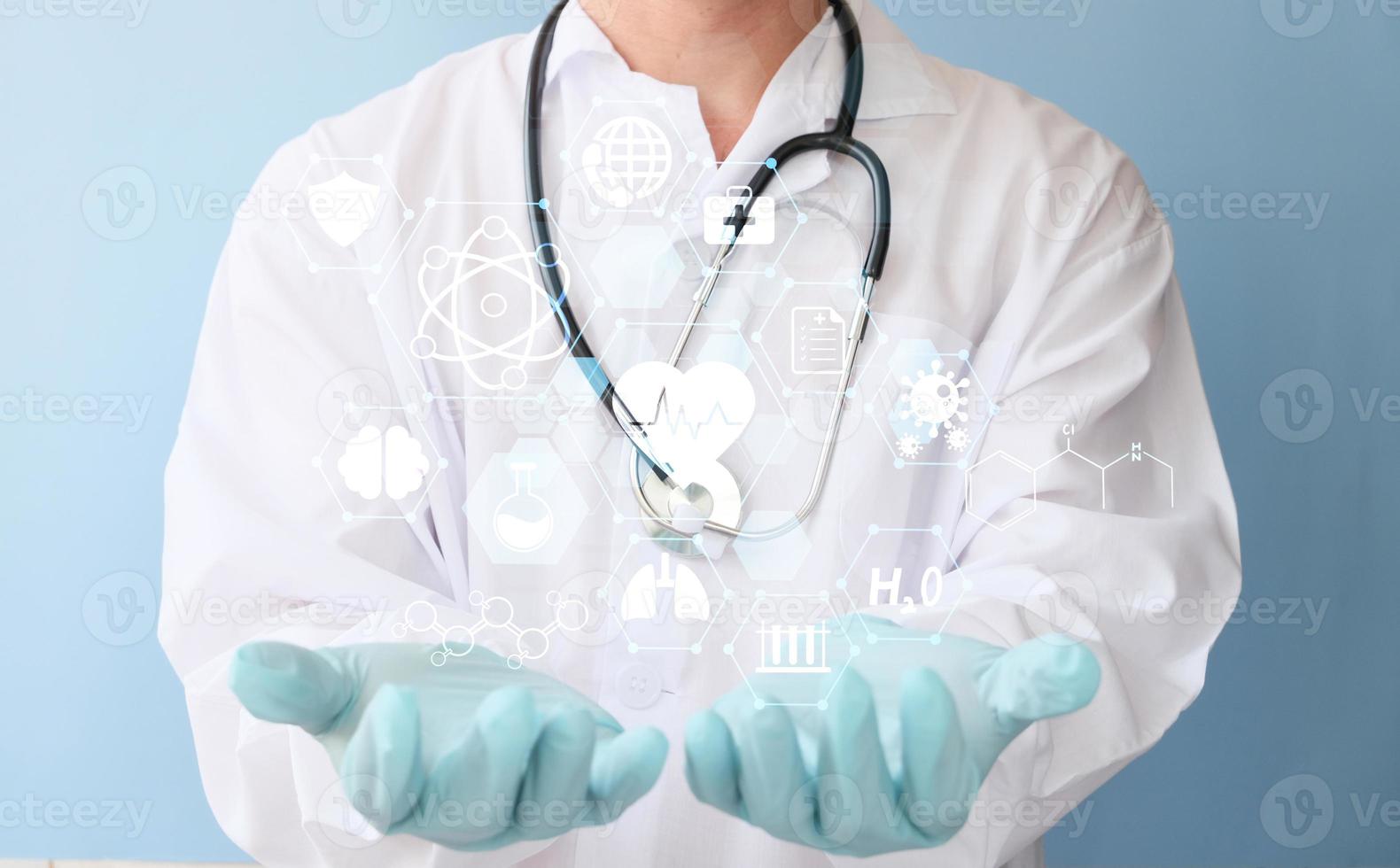 Doctor of medicine touches an electronic medical record on a smart phone, Digital healthcare and network connectivity via hologram modern virtual screen interface, medical technology. photo